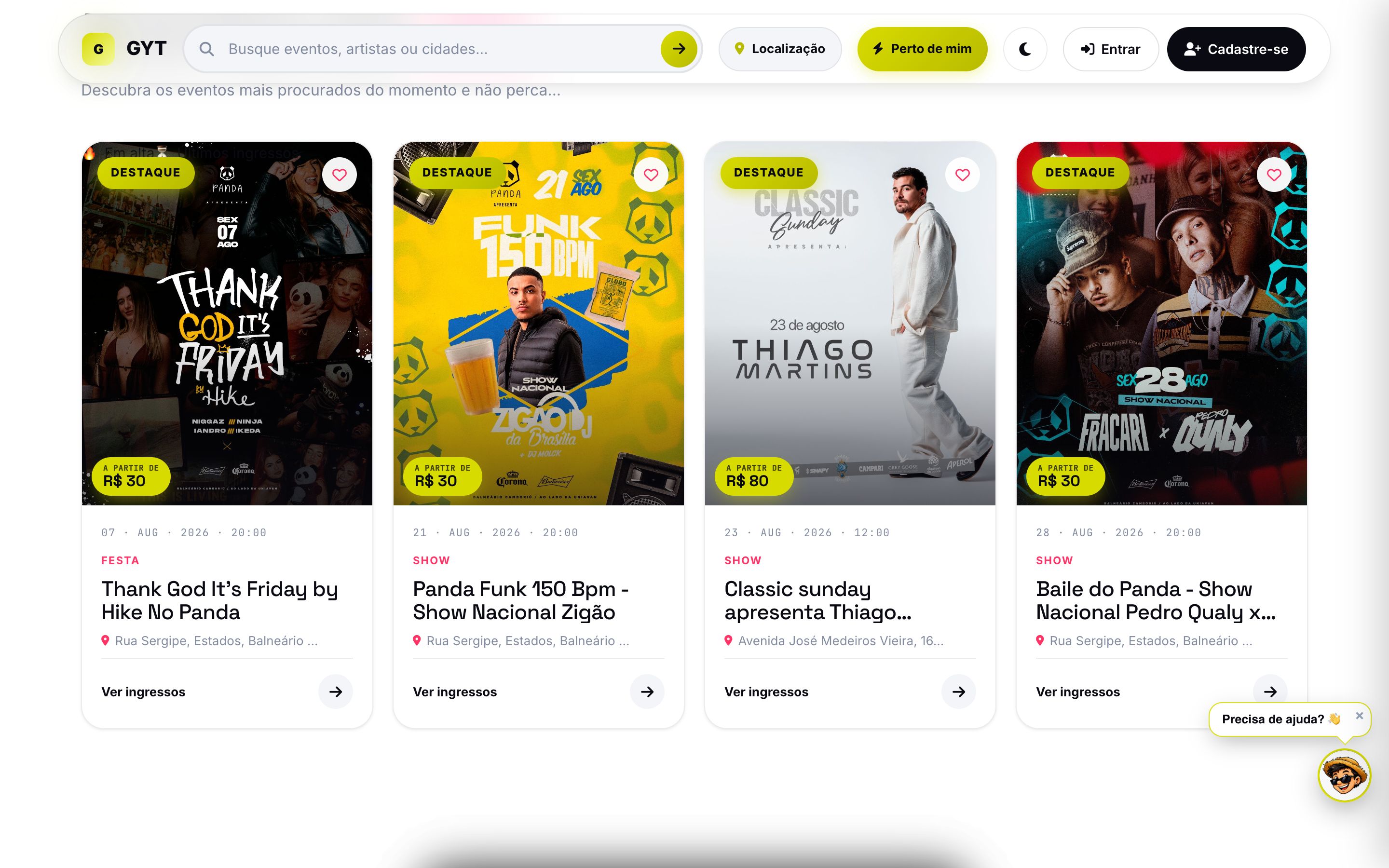 Site público — evento em destaque