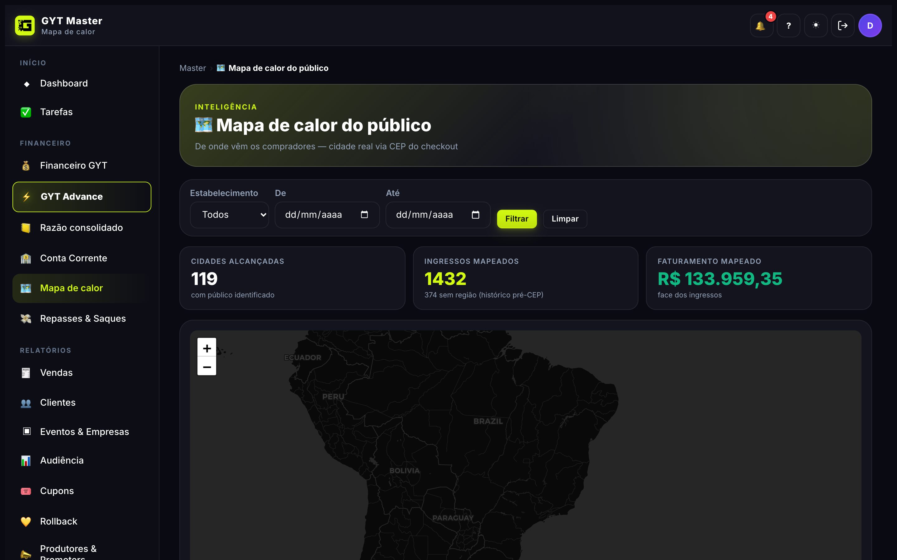 Mapa de calor — de onde vem o público, pelo CEP do checkout