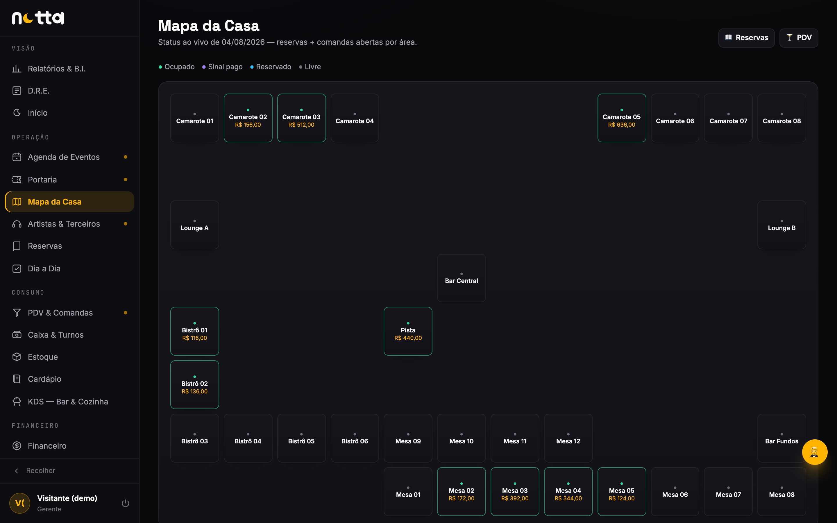 Mapa da casa — pista, bistrôs e VIP