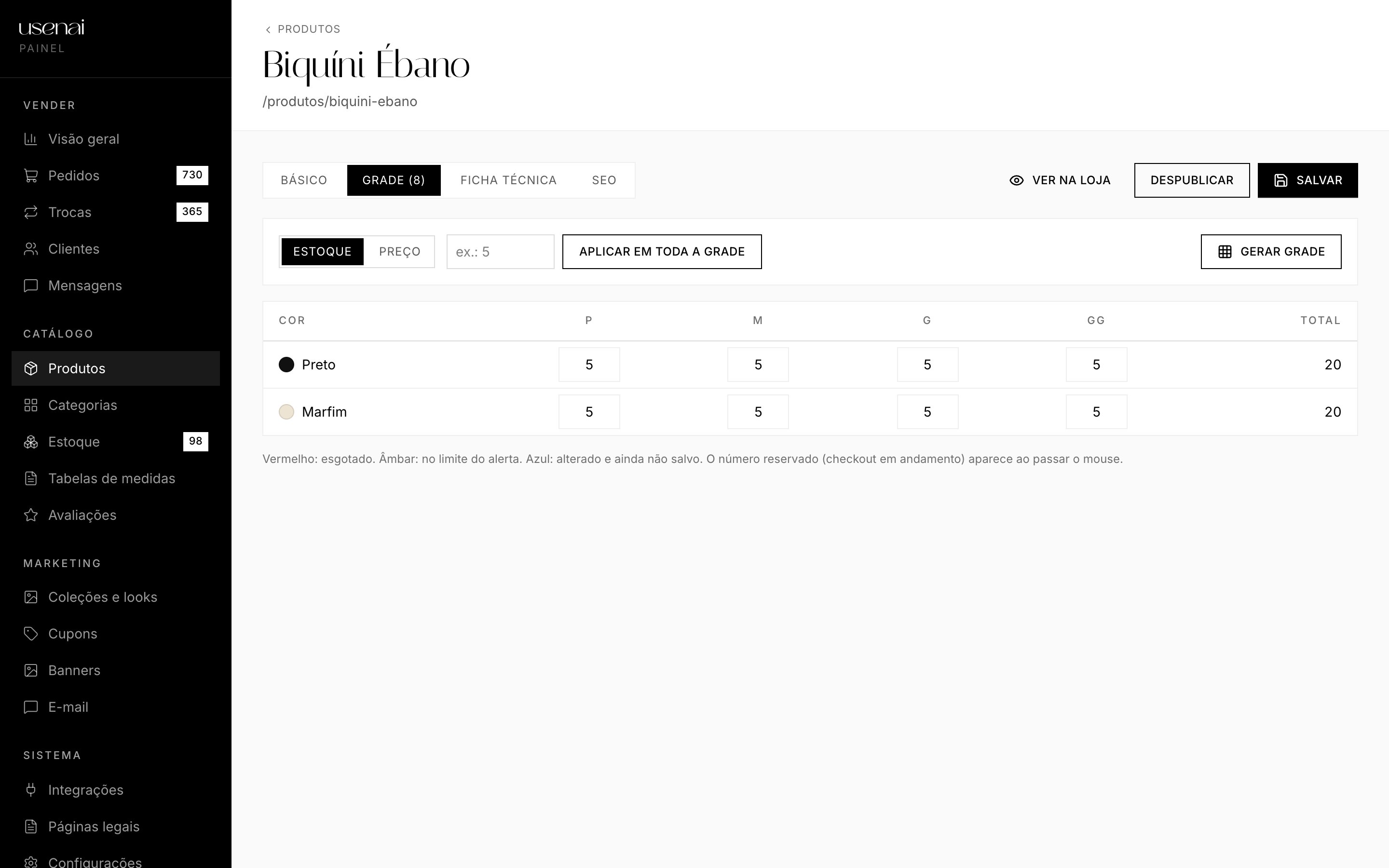 Editor de grade cor × tamanho, editável em massa