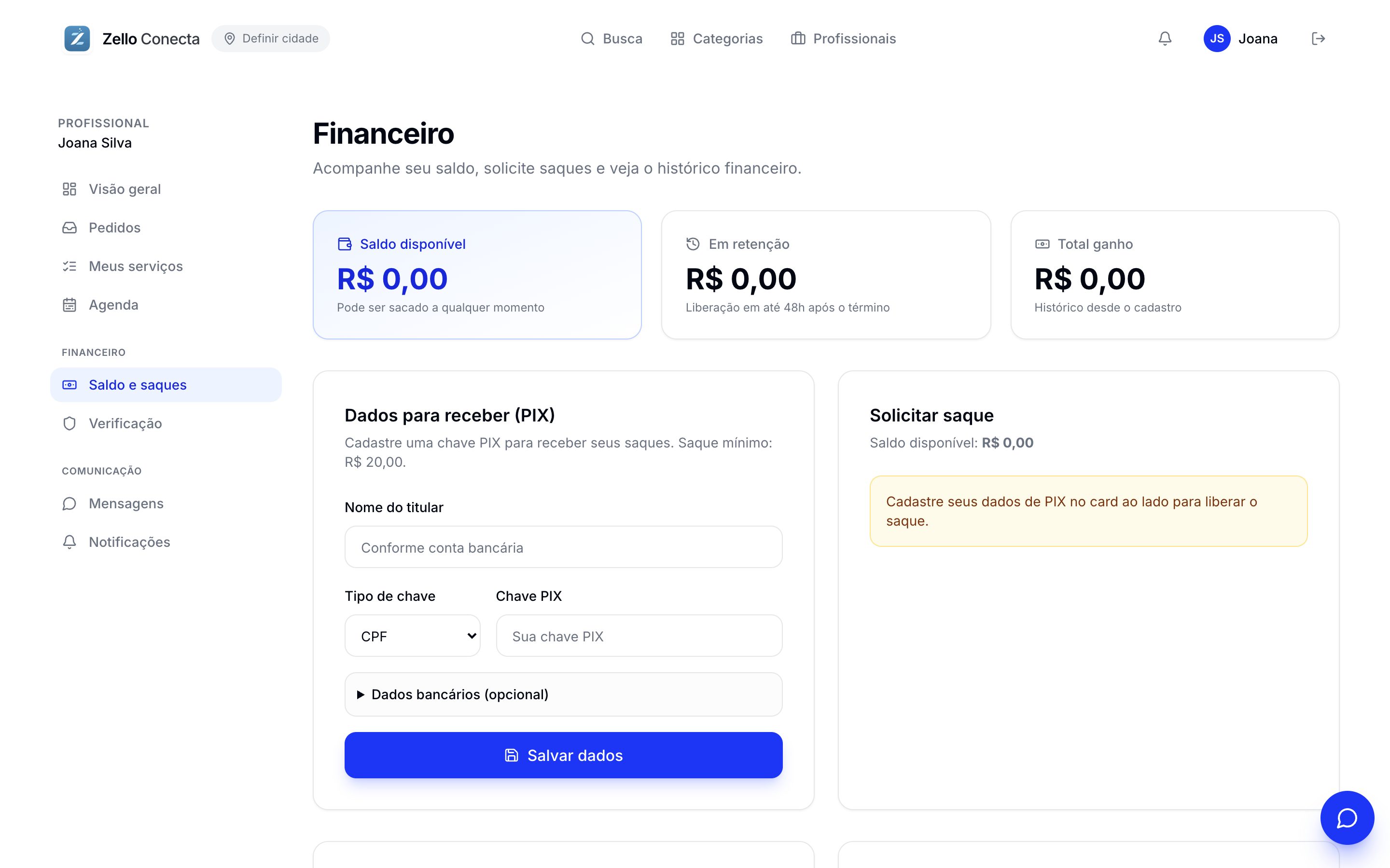 Financeiro — saldo, custódia e saques
